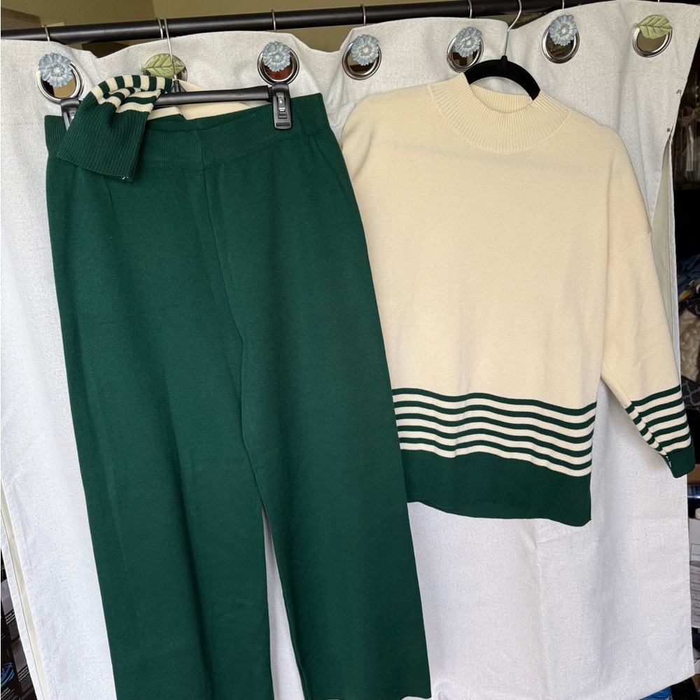 Cream & Forest Green Striped Knit Sweater Set